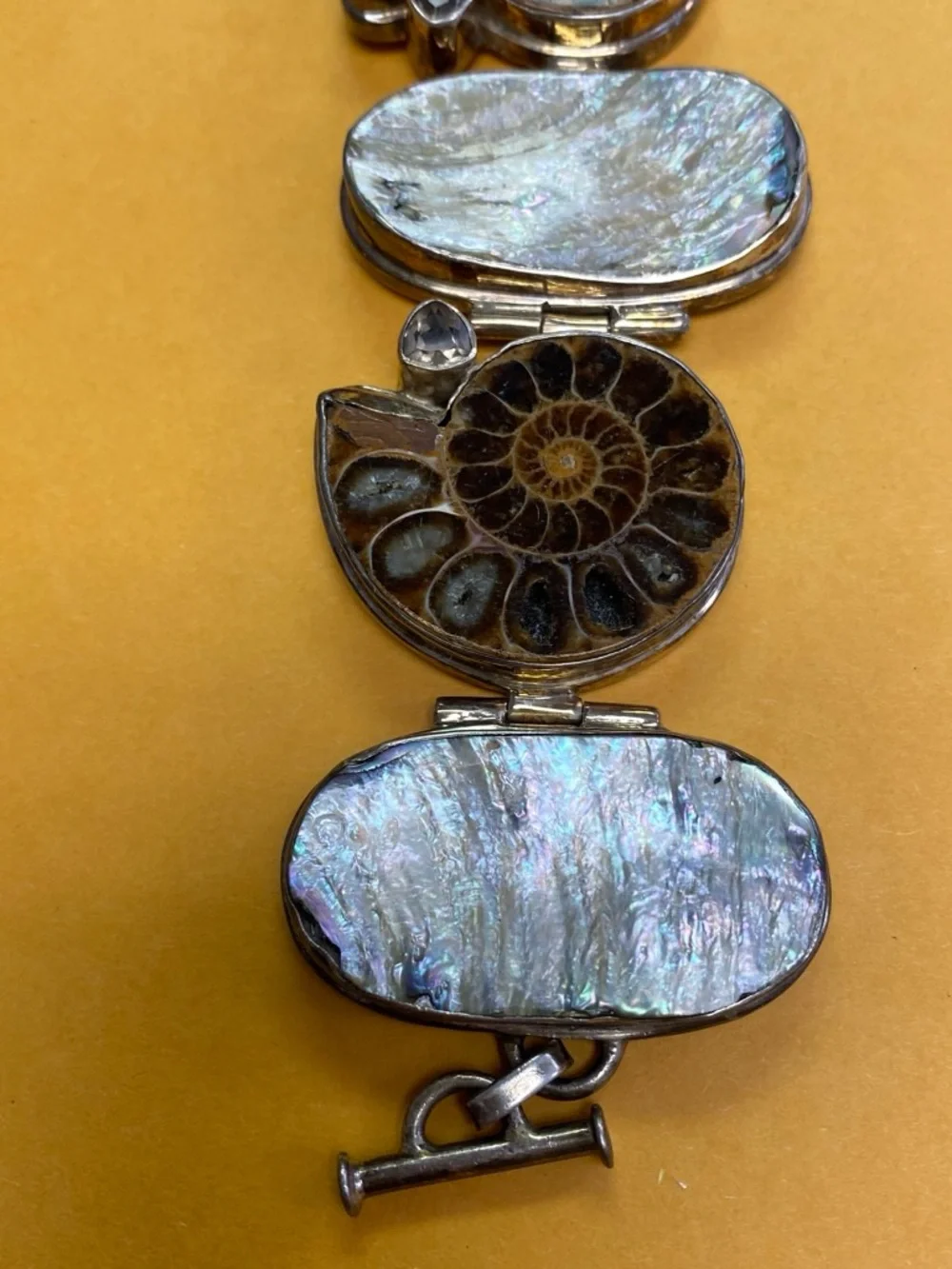 Sterling Silver Ammonite and Mother-of-Pearl Statement Bracelet - Brown/White